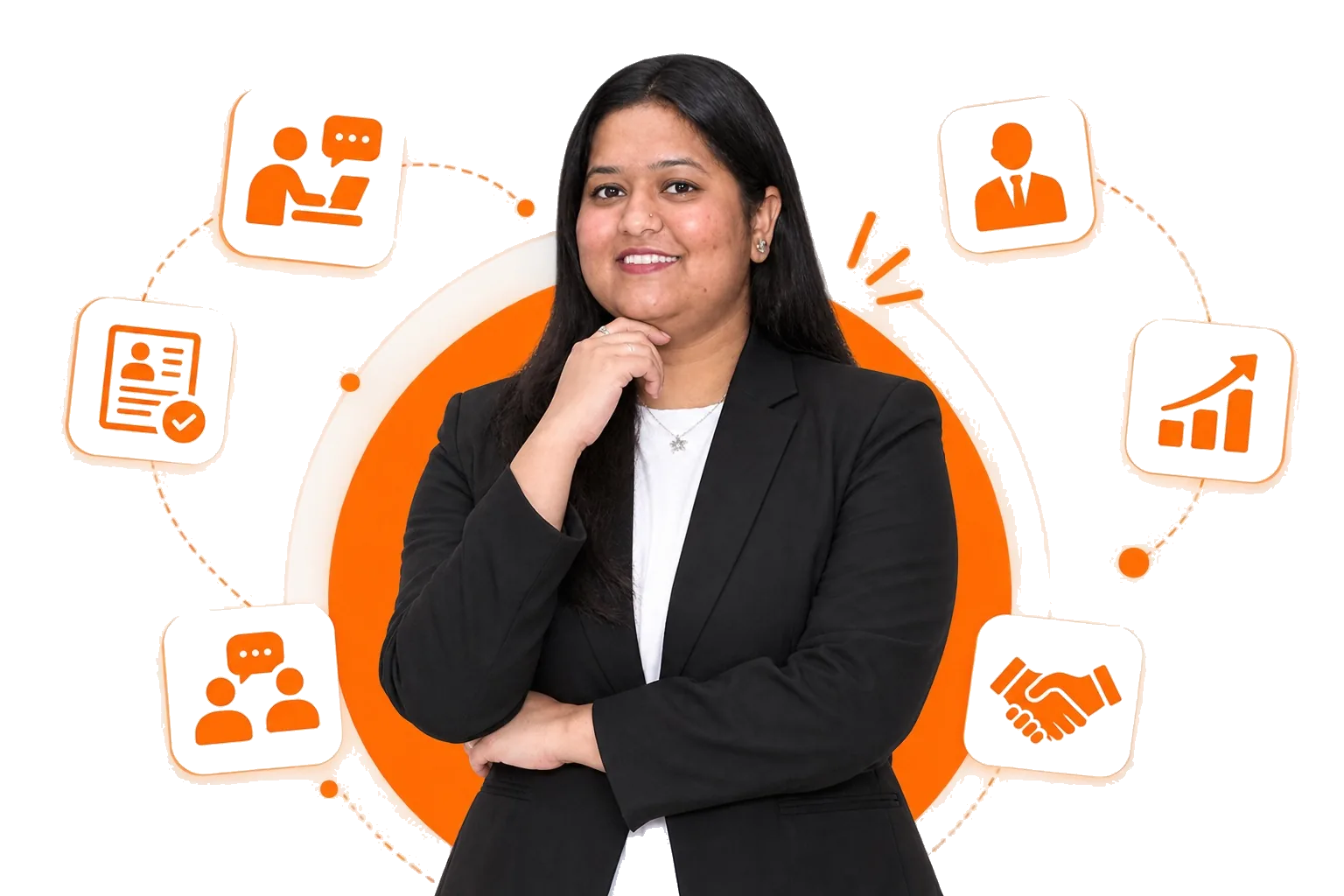 A BAOIAM learner in interview dress, ringed by the things a mock interview covers: the conversation, the interviewer, the scorecard, peer practice, progress and the offer