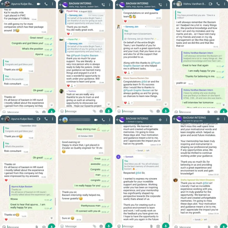 Messages from BAOIAM interns sharing their job offers and placement news